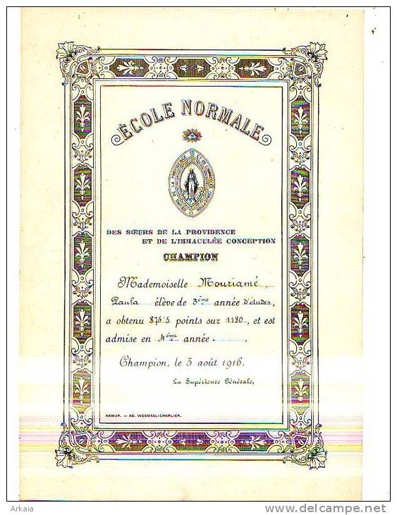 Champion (Namur) - 1916 - Ecole Normale Certificat - Diplômes & Bulletins Scolaires