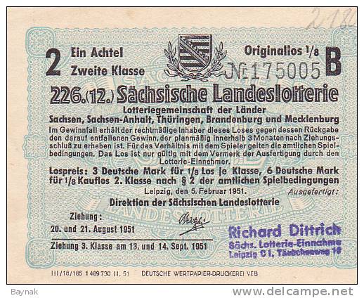 SACHSISCHE LANDESLOTTERIE  -  1951 - Lotterielose