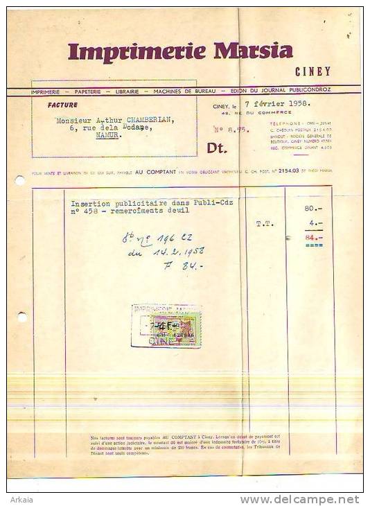 Ciney - 1958 - Imprimerie Marsia - Druck & Papierwaren