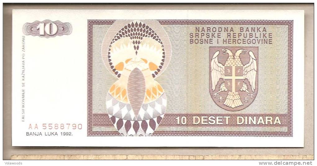 Rep. Serba Di Bosnia Erzegovina - Banconota Non Circolata Da 10 Dinari - 1992 - Bosnie-Herzegovine