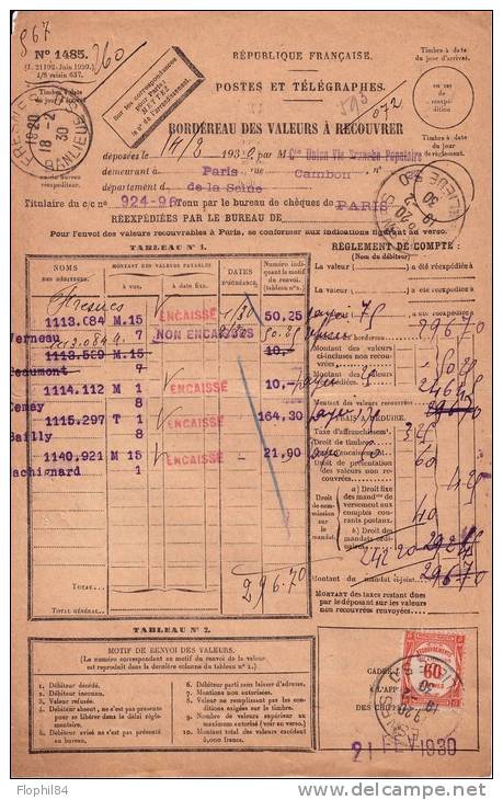 TAXE N°58 SUR BORDEREAU DES VALEURS A RECOUVRER  - DE FRESNES BANLIEUE S.O. LE 18-2-1930. - 1859-1959 Cartas & Documentos