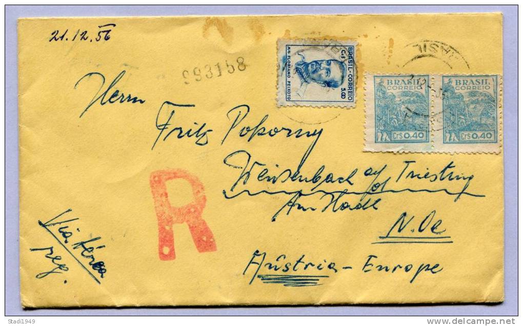 Air Mail Registered Letter Brasilien To Austria 1955 (580) - Lettres & Documents