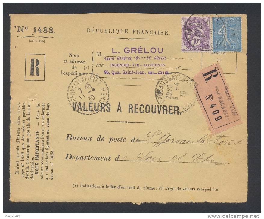 RECOUVREMENT / VALEURS A RECOUVRER Devant Env 1488 Tarif 1,10 Fr Tarif 09/08/1926 - 1921-1960: Période Moderne