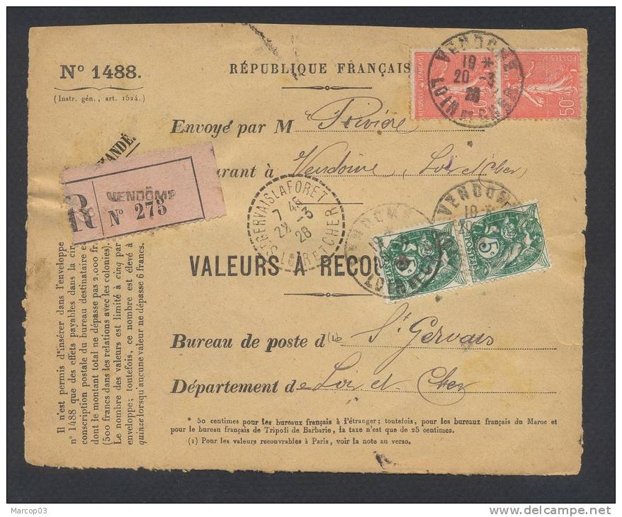 RECOUVREMENT / VALEURS A RECOUVRER Devant Env 1488 Tarif 1,10 Fr Tarif 09/08/1926 - 1921-1960: Modern Period