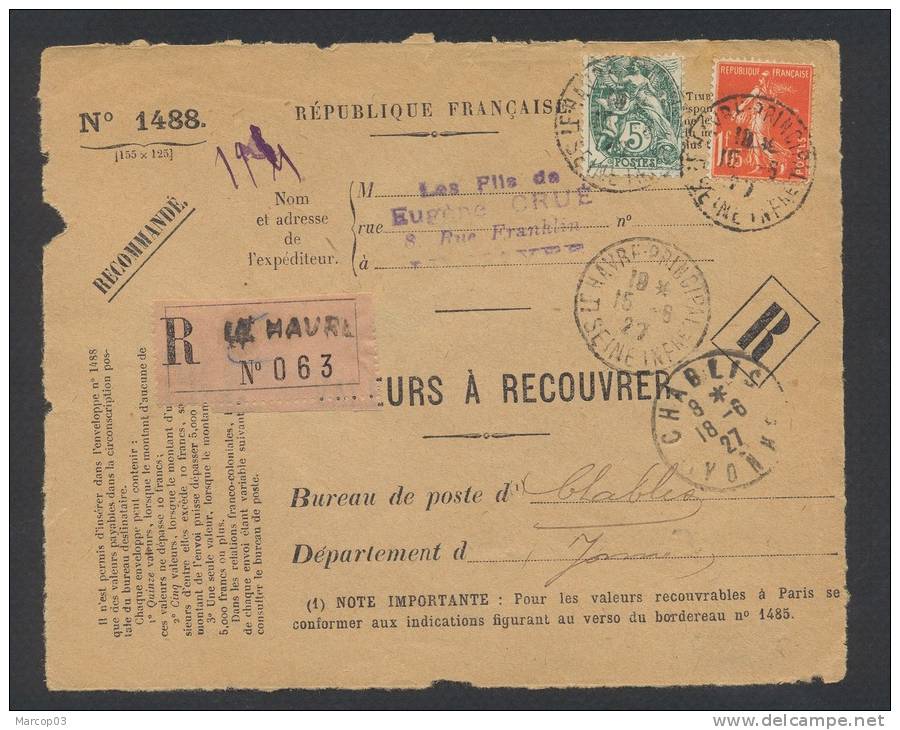 RECOUVREMENT / VALEURS A RECOUVRER Devant Env 1488 Tarif 1,10 Fr Tarif 09/08/1926 - 1921-1960: Période Moderne