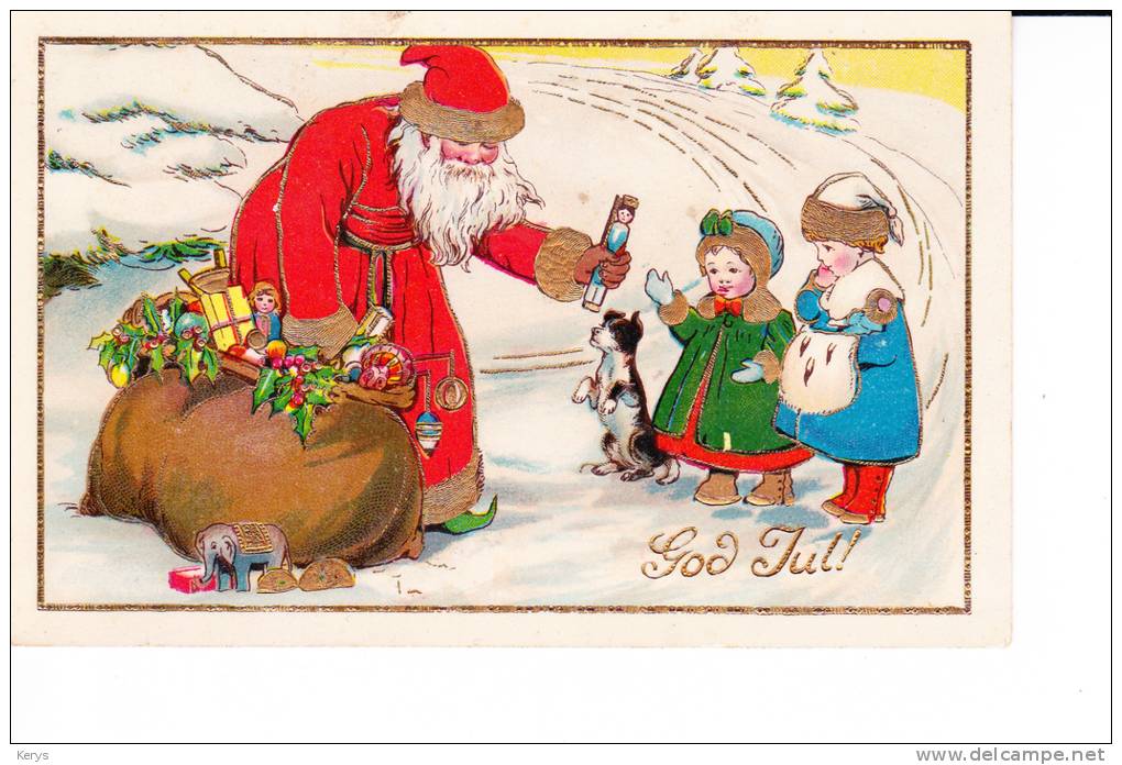 CP 1913  :  Père Noël Donnant Une Poupée à Une Fillette , Chien , éléphant Et Jouets ( Les Contours Sont Rehaussé D'or ) - Santa Claus