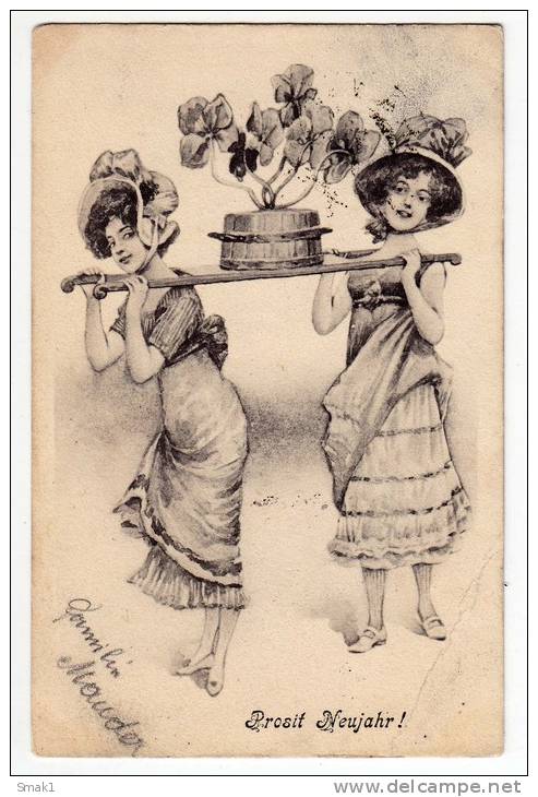 NEW YEAR SECESSION WOMAN WEAR CLOVER JAMMED CORNER OLD POSTCARD 1902. - New Year