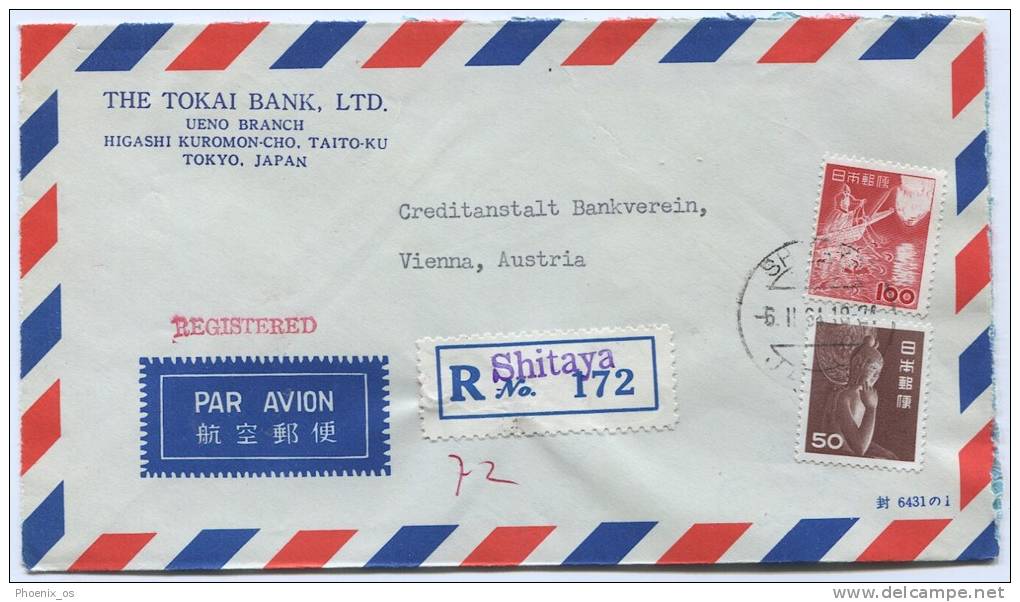 Japan - TOKYO, Shitaya, 1964. The Tokai Bank, Registered, Air Mail Cover - Used Stamps