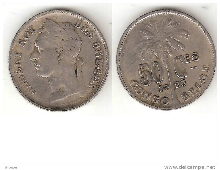 Belgium Congo 50 Centimes 1923 French Km 22 Vf - 1910-1934: Albert I