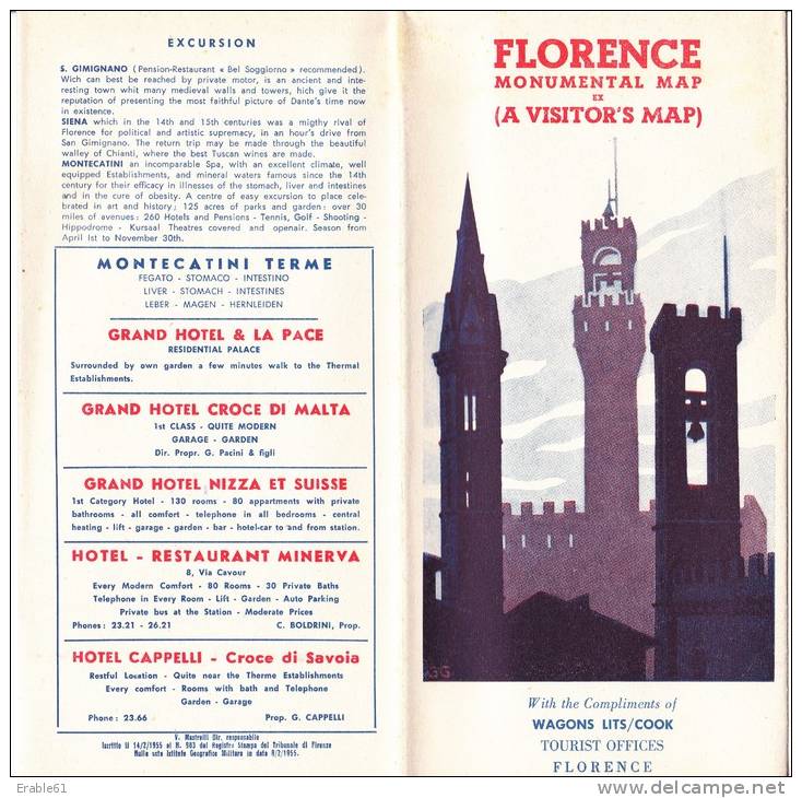 FLORENCE MONUMENTAL MAP 1955 WAGONS LITS TOURIST OFFICES Depliant - Werbung