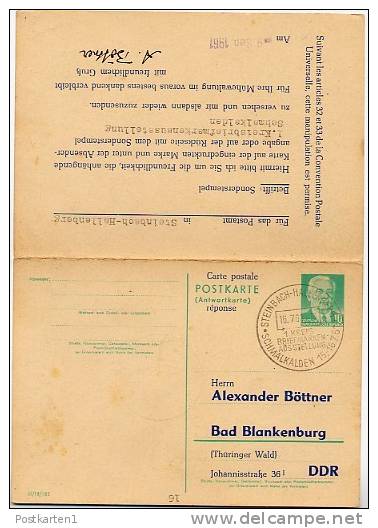 DDR P70I Postkarte Mit Antwort ZUDRUCK BÖTTNER #2 Sost. AUSSTELLUNG STEINBACH-HALLENBERG 1961 - Cartes Postales Privées - Oblitérées