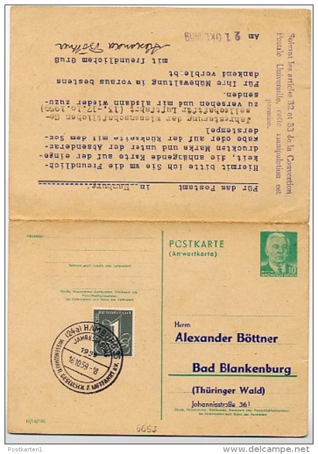DDR P70I Postkarte Mit Antwort ZUDRUCK #4 LUFTFAHRT HAMBURG 1959 - Cartes Postales Privées - Oblitérées