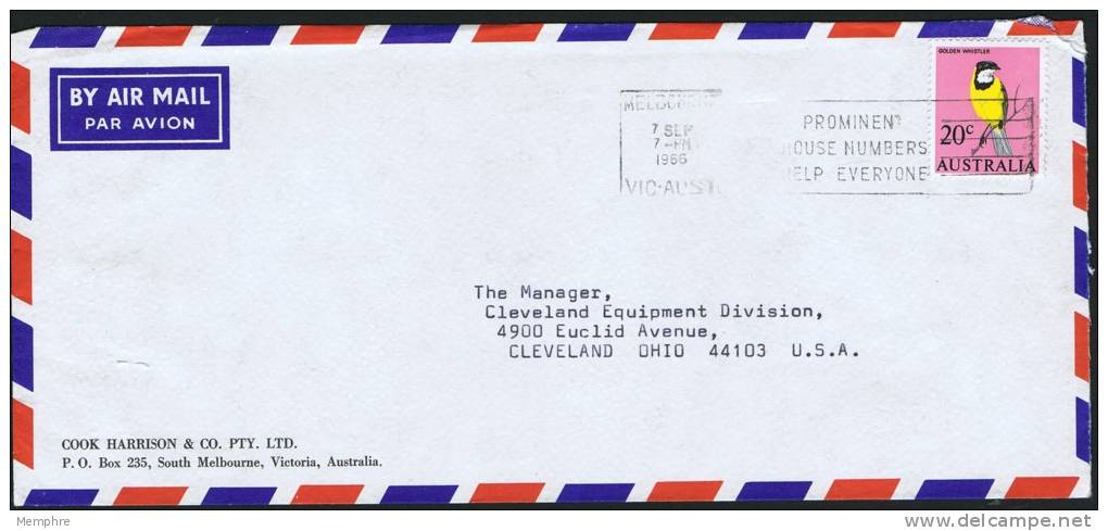 1965 Air Letter To The USA &nbsp;- 20 Cents Golden Whistler Solo - Lettres & Documents