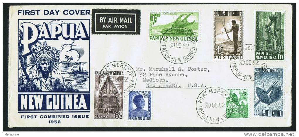 1952 Definitive Issue &nbsp;7 Stamps To &pound;1 &nbsp;FDC To USA - Papua New Guinea