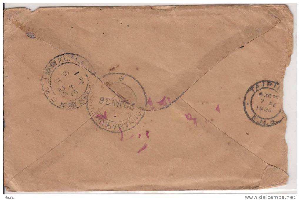 Postage Due Used Cover 1926, Federated Malay States To India, 40c Tax Round Catchet Type, Malaya As Scan - Federated Malay States