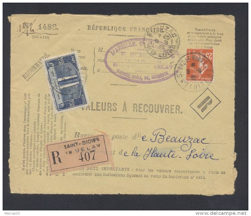 RECOUVREMENT / VALEURS A RECOUVRER Devant Env 1488 Tarif 1,75 Fr Tarif 18/07/1932 - 1921-1960: Période Moderne