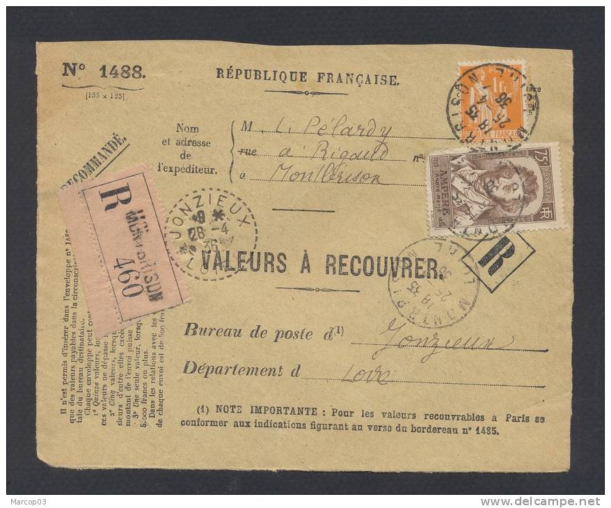 RECOUVREMENT / VALEURS A RECOUVRER Devant Env 1488 Tarif 1,75 Fr Tarif 18/07/1932 - 1921-1960: Période Moderne