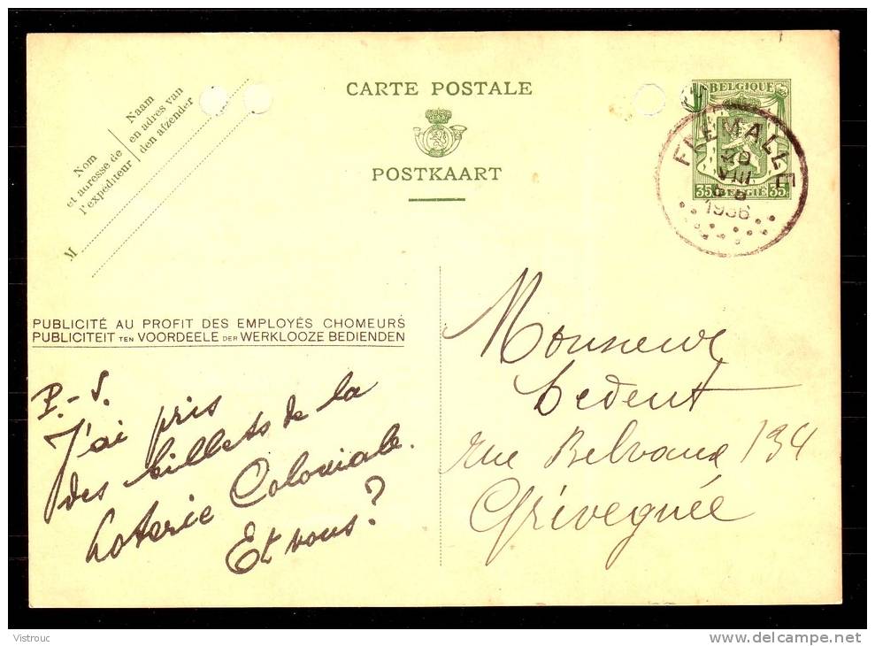 CP Public. N° 208 - " Loterie Coloniale " -  Usagée / Used 1936 - 4 Perforations Obturées/ 4 Afgesluitet Doorboringen  . - Publibels