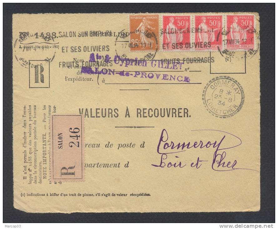 RECOUVREMENT / VALEURS A RECOUVRER Devant Env 1488 Tarif 1,75 Fr Tarif 18/07/1932 - 1921-1960: Moderne