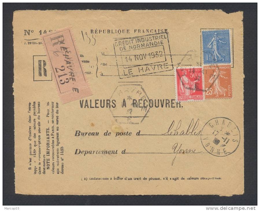 RECOUVREMENT / VALEURS A RECOUVRER Devant Env 1488 Tarif 1,75 Fr Tarif 18/07/1932 - 1921-1960: Moderne