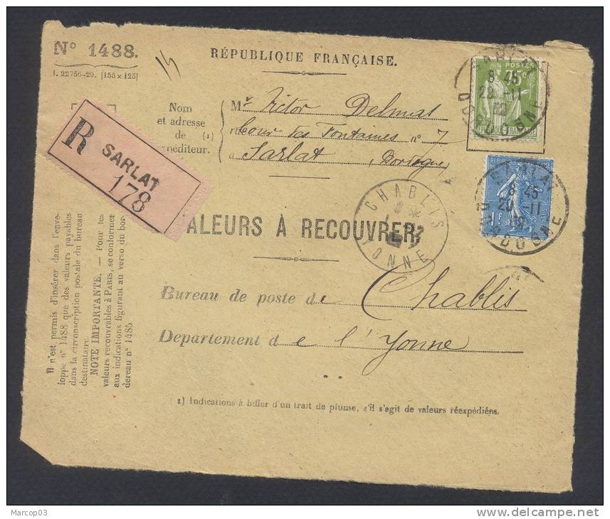 RECOUVREMENT / VALEURS A RECOUVRER Devant Env 1488 Tarif 1,75 Fr Tarif 18/07/1932 - 1921-1960: Moderne