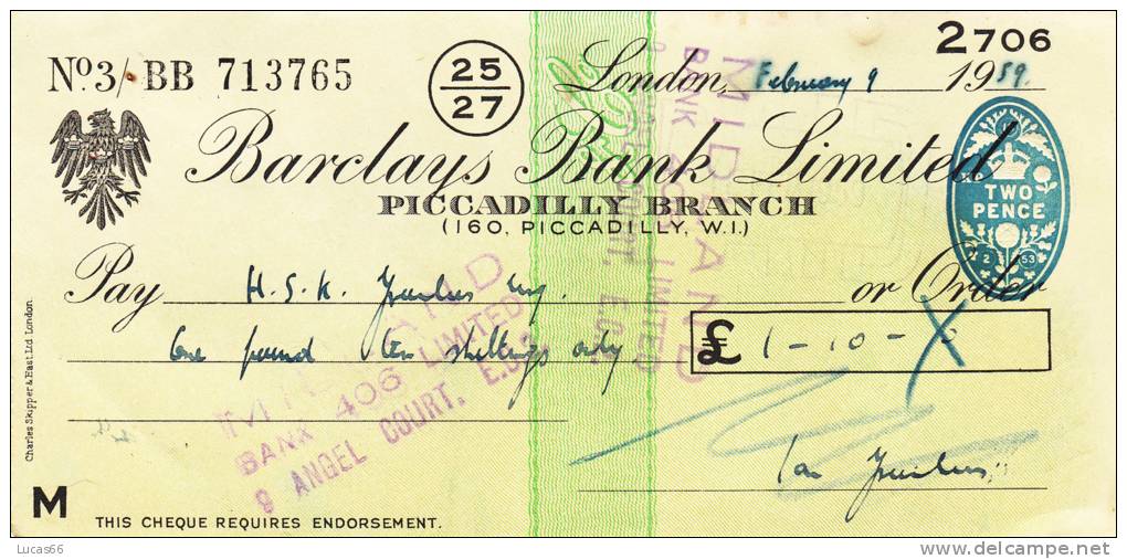 BARCLAYS BANK CHEQUE - PICCADILLY BRANCH - 1958 - USED - Cambiali