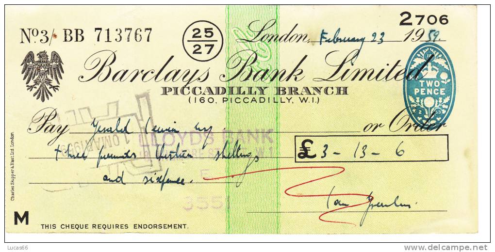 BARCLAYS BANK CHEQUE - PICCADILLY BRANCH - 1959 - USED - Lettres De Change