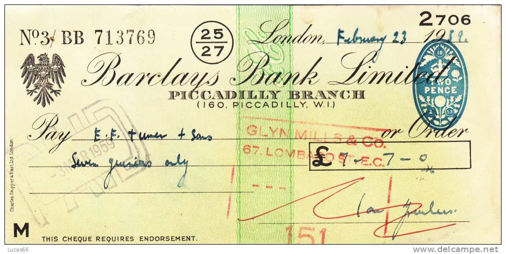 BARCLAYS BANK CHEQUE - PICCADILLY BRANCH - 1959 - USED - Wissels