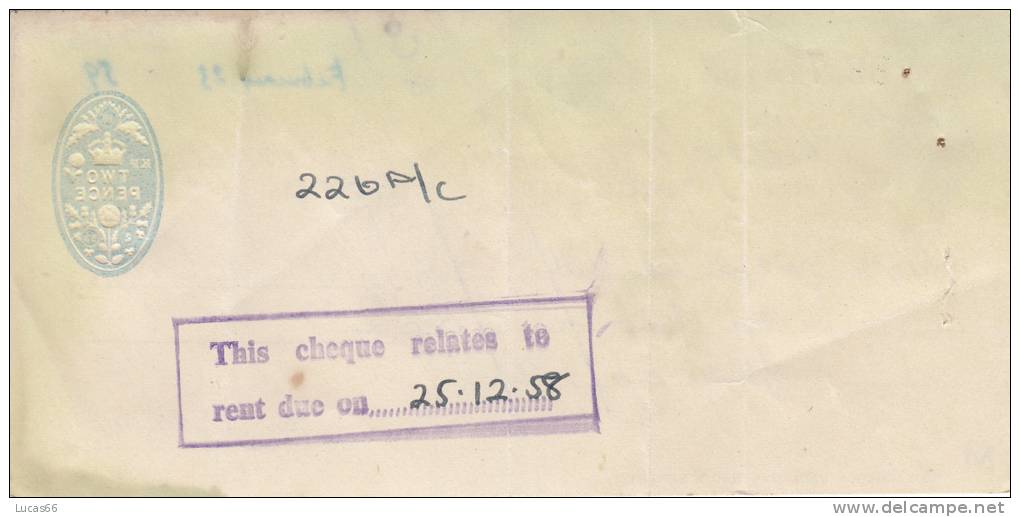 BARCLAYS BANK CHEQUE - PICCADILLY BRANCH - 1959 - USED - Wissels