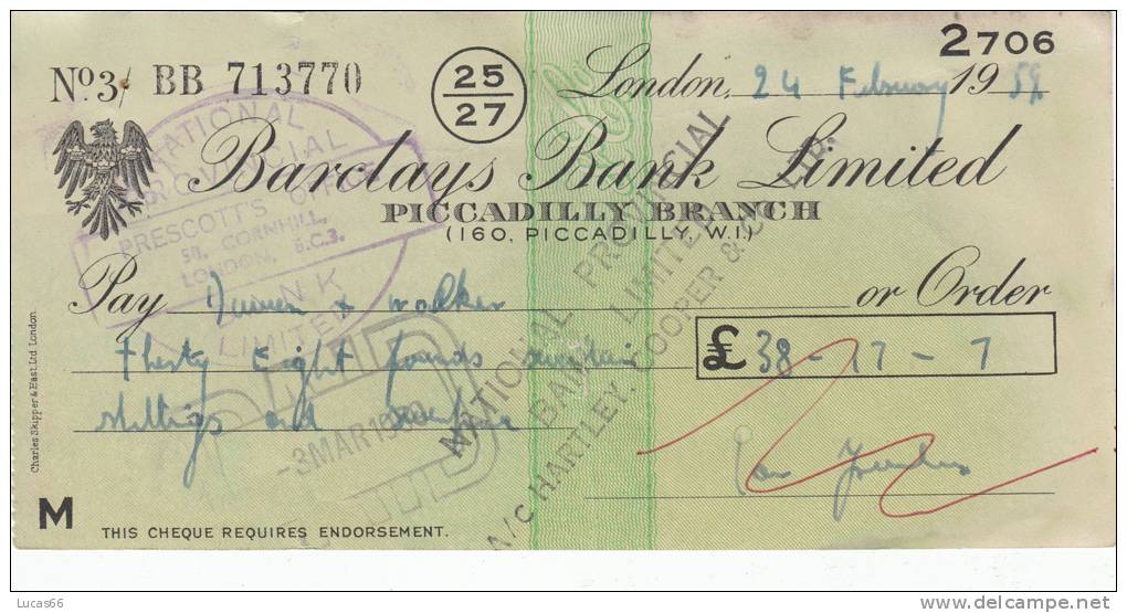 BARCLAYS BANK CHEQUE - PICCADILLY BRANCH - 1959 - USED - Lettres De Change