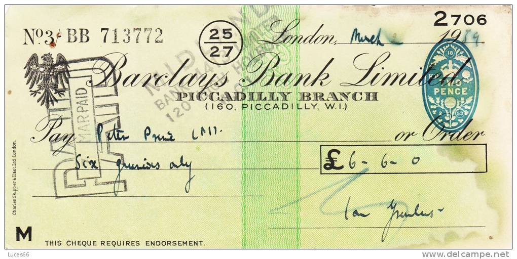 BARCLAYS BANK CHEQUE - PICCADILLY BRANCH - 1959 - USED - Lettres De Change