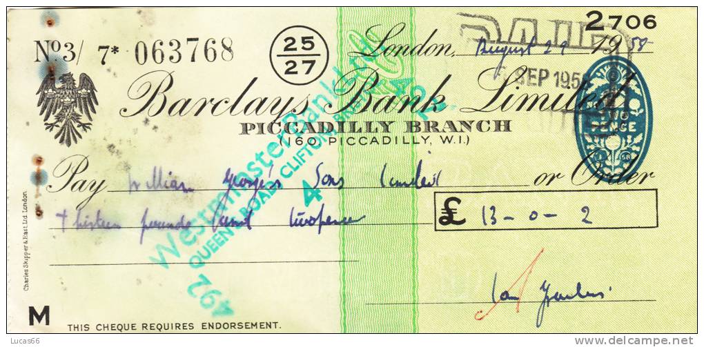 BARCLAYS BANK CHEQUE - PICCADILLY BRANCH - 1958 - USED - Lettres De Change