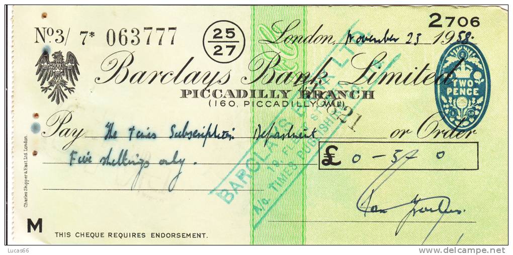 BARCLAYS BANK CHEQUE - PICCADILLY BRANCH - 1958 - USED - Lettres De Change