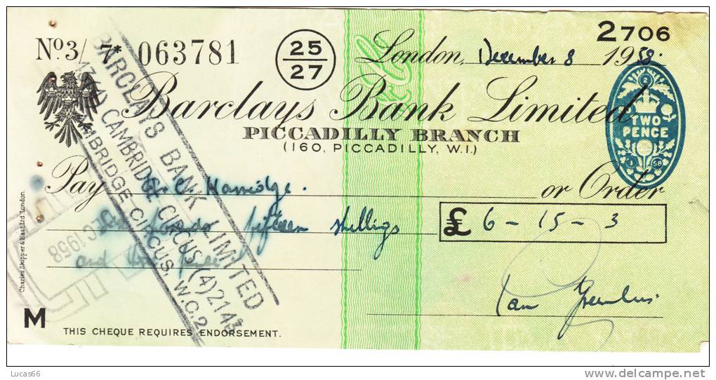 BARCLAYS BANK CHEQUE - PICCADILLY BRANCH - 1958 - USED - Lettres De Change