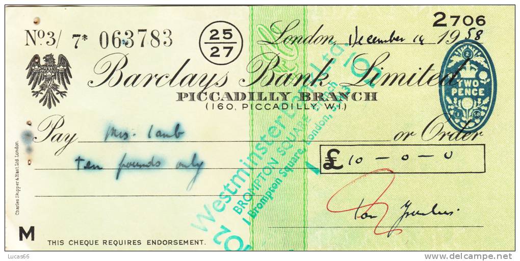 BARCLAYS BANK CHEQUE - PICCADILLY BRANCH - 1958 - USED - Cambiali