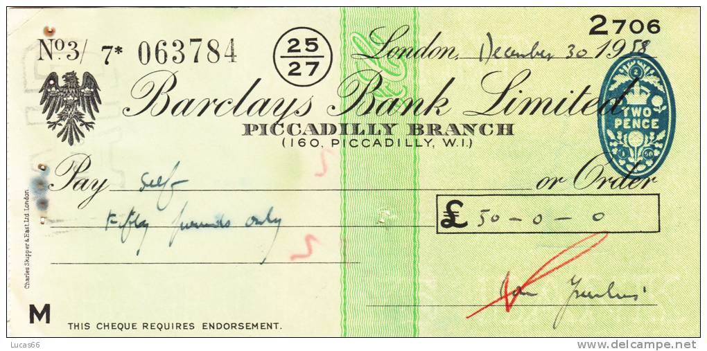 BARCLAYS BANK CHEQUE - PICCADILLY BRANCH - 1958 - USED - Lettres De Change