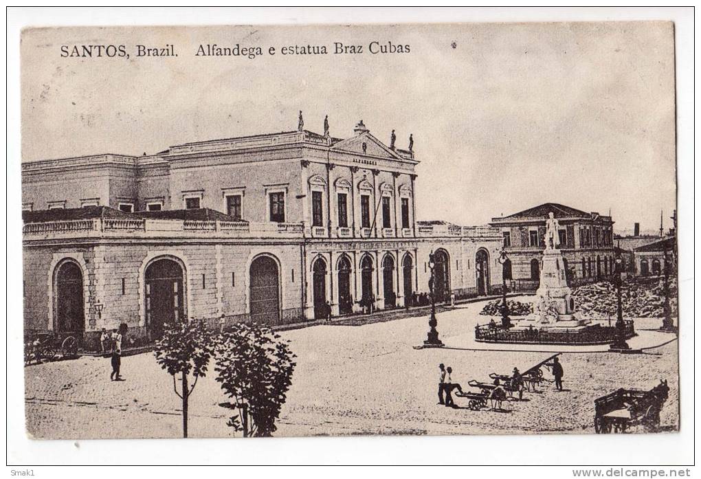 AMERICA BRAZIL SAO PAOLO SANTOS CUSTOMS AND STATUE BRAZ BASINS OLD POSTCARD 1911. - São Paulo