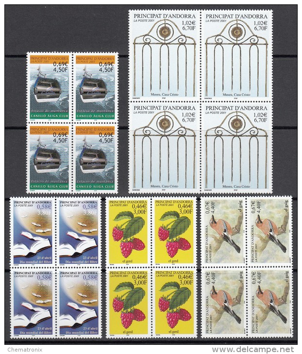 Andorra 2001 - Yvert: 540, 541, 545, 547, 548  - Bloques De 4 -  ** MNH - Unused Stamps
