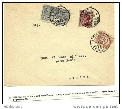 1926 - Italia Primo Volo Pavia/Torino - Poststempel (Flugzeuge)