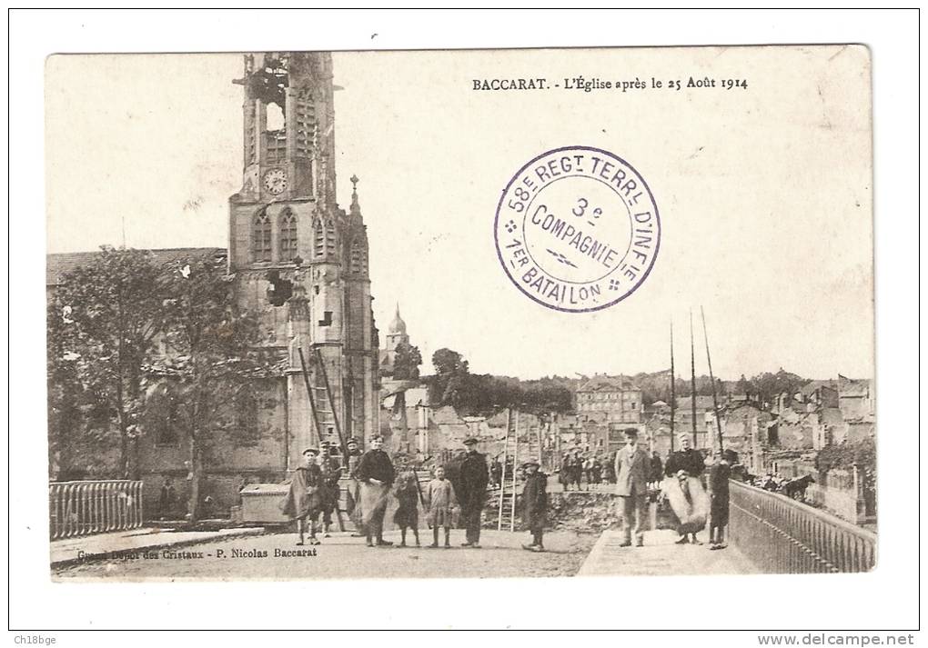 CPA : 54 Meurthe Et Moselle : Baccarat: Eglise En Aout 1914 : TAMPON: 58è Regt Terre D´Infie -1er Bataillon 3ème Compagn - Baccarat