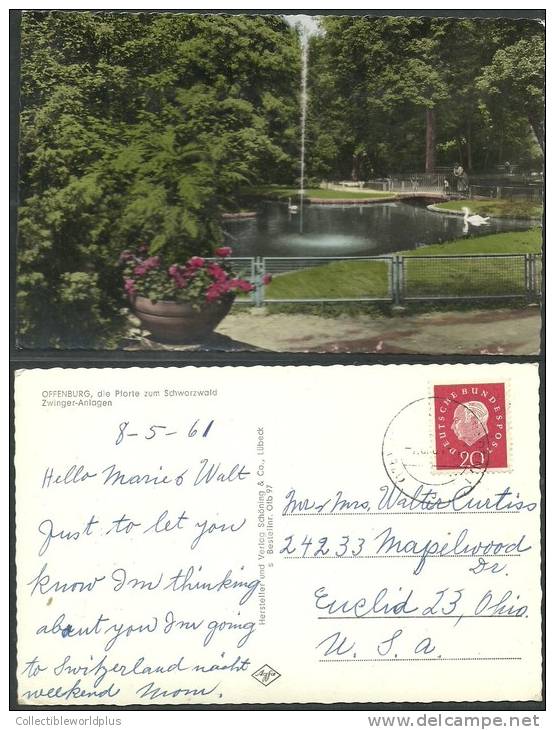 POST CARD GERMANY AIR MAIL TO USA - Offenburg Die Pforte Zum Schqarzwald Schwanenteich Im Stadtgarten POST KARTEN - Offenburg