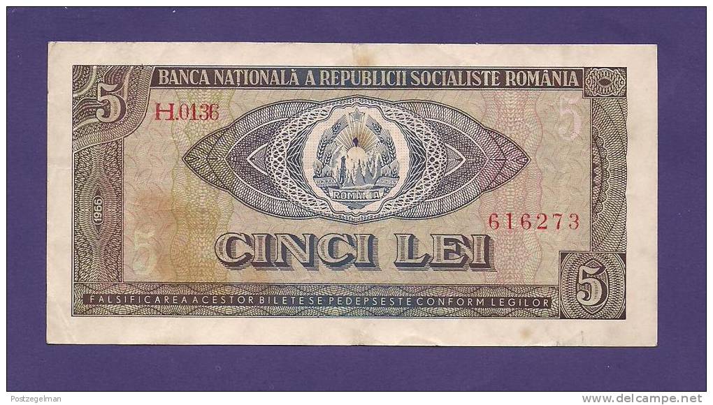 ROMANIA 1966,  Banknote Used VG, 5 Lei (little Hole In Centre Km88 - Roemenië