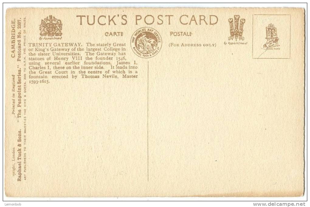 UK, Trinity Gateway, Trinity College, Cambridge, Early 1900s Unused Tuck Postcard [13162] - Cambridge