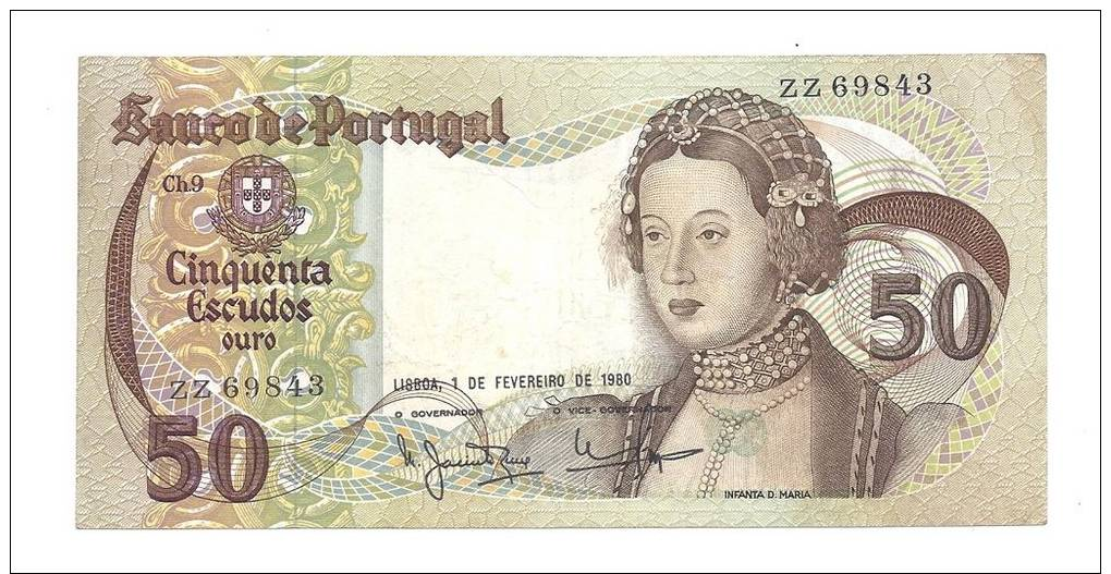 Portugal 50 Escudos 1980 VF++ CRISP Banknote P-174b - Portugal