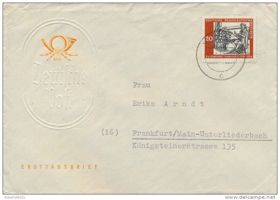 Germany DDR 1958 Cover With 20 Pf. 300th Anniversary Of "Opera Didactica Omnia" By Jan Amos Komensky Comenius - Theologen