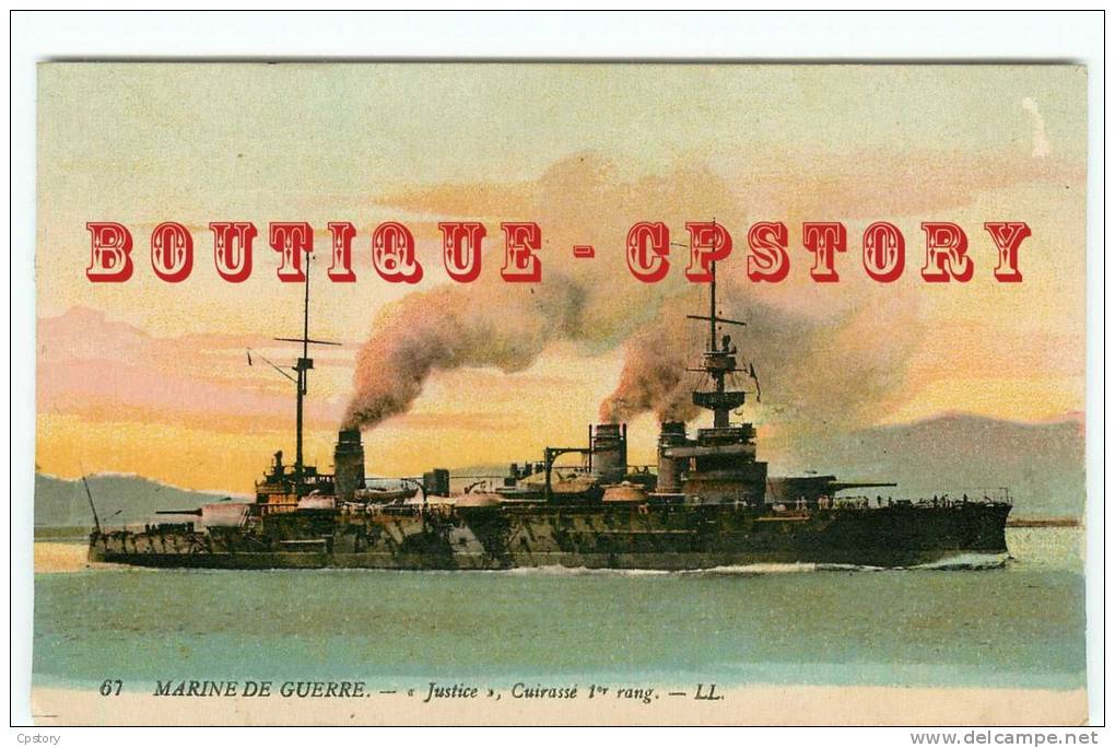 NAVIRE De GUERRE " JUSTICE " - Cuirassé - Bateau Croiseur Destroyer  - Marine Militaire - Carte Couleur - Dos Scanné - Warships