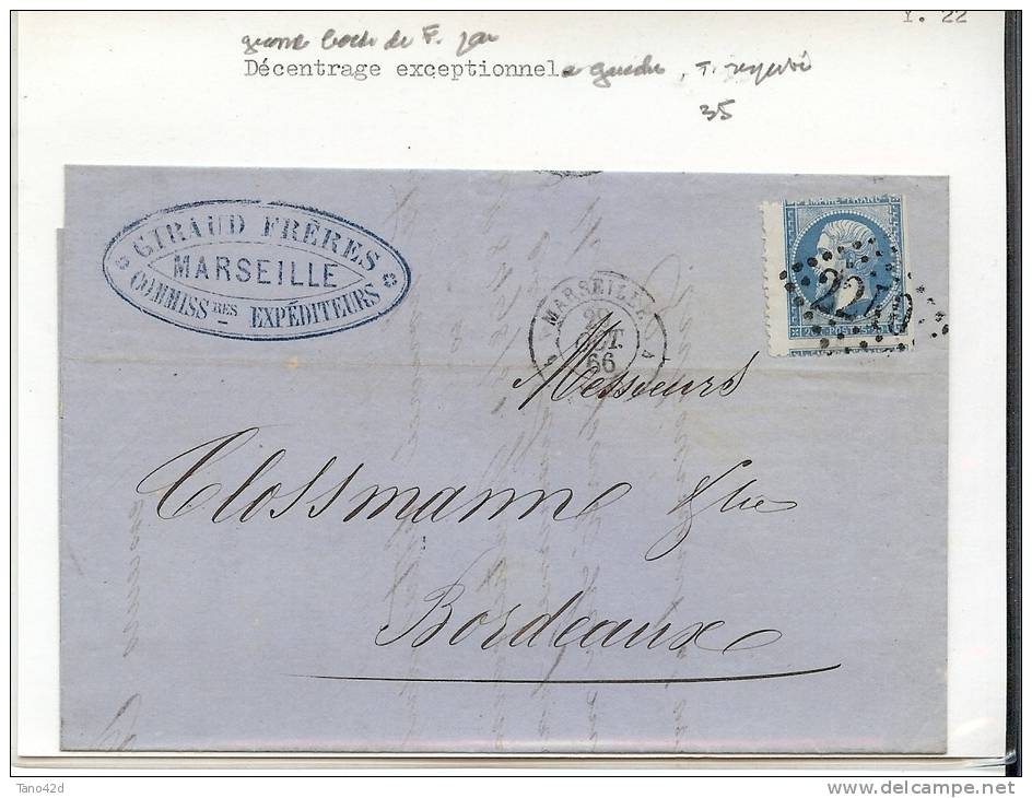 LBL13 - PIQUAGE A CHEVAL SUR N° 22  MARSEILLE / BORDEAUX 29/10/1866 PAPIER EN TÊTE GIRAUD FRERES - 1862 Napoleon III