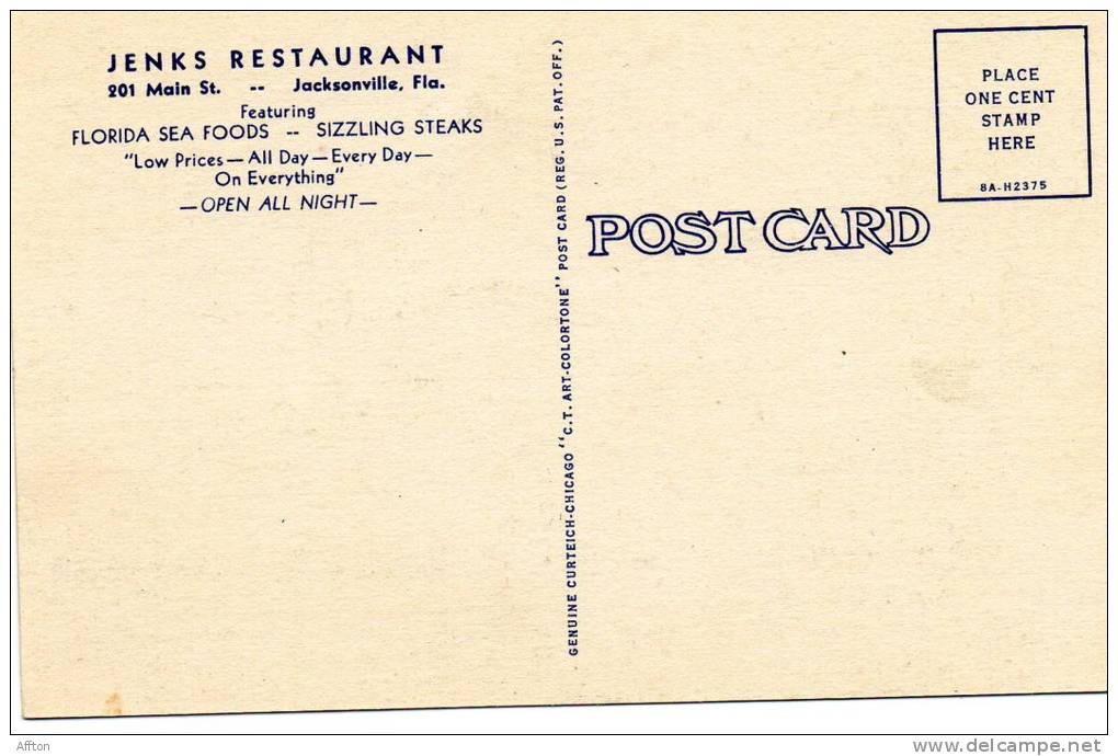 Jenks Restaurant Jacksonville FL Old Postcard - Jacksonville