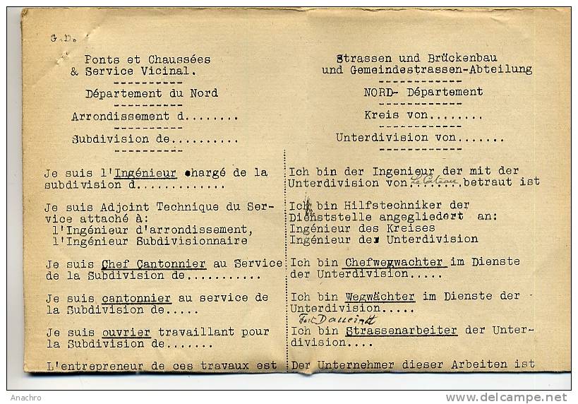 INSTRUCTIONS PONTS Et CHAUSSEES Août 1940 CAMBRAI / LILLE 59 NORD / 5 Pages Lexique ALLEMAND - Documents