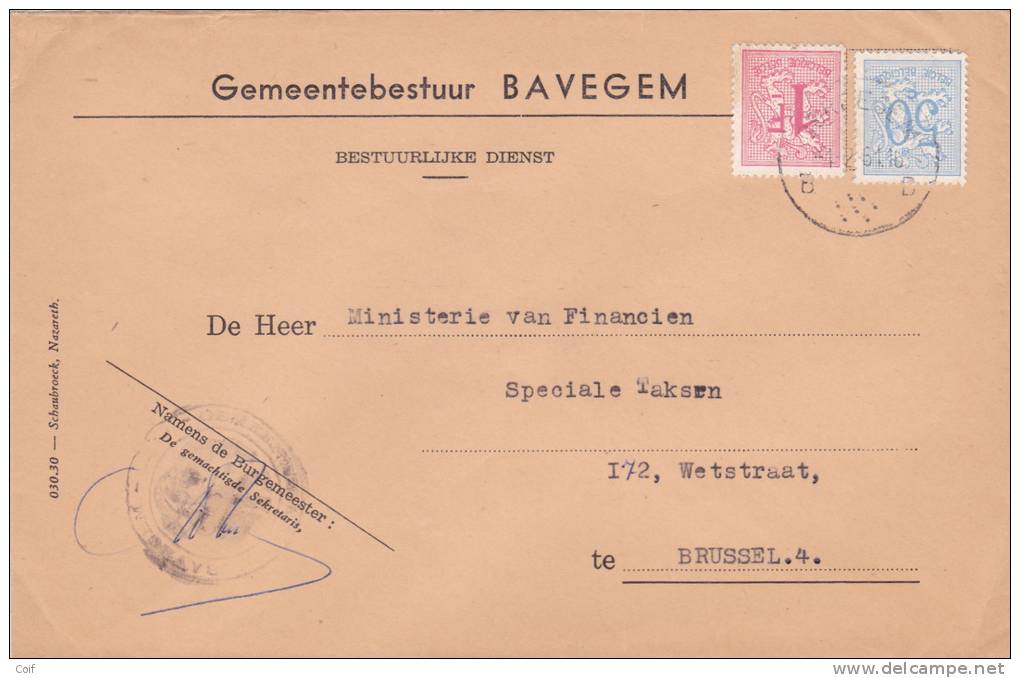 854+859 Op Brief GEMEENTEBESTUUR BAVEGEM (Administration Communale) (voorkeurtarief / TARIF PREFERENTIEL) - 1951-1975 Heraldieke Leeuw